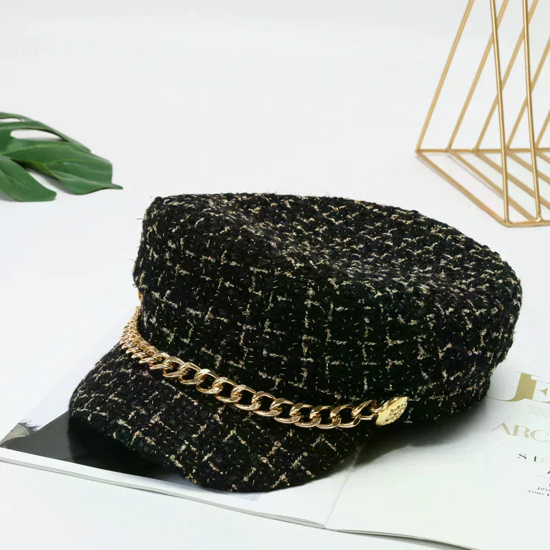 Autumn Winter Pearl Chain Flat Top Navy Hat Fashion Beret Newsboy Caps Berret Woman Octagonal Hats Women's Designer Apparel