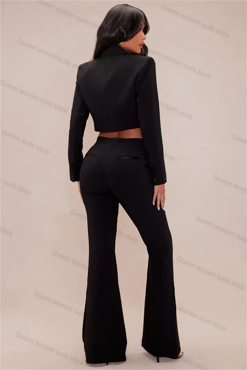 Black 2 Pieces Women Suit Pants Set Short Blazer+Trousers Formal Office Coat Cotton Customized Wedding Tuxedo Sexy V Neck Jacket