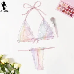 2 Piece Women Set Sweet Multicolor Bra Set Mesh Babydoll Lingerie Sleepwear Halter Transparent Bralette Bikini Sexy Lingerie Set