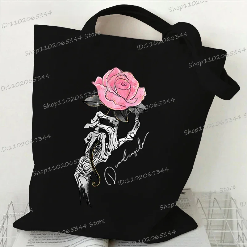 Gothic Rose Wing Print Shoulder Bag Women Vintage Plant Flower Style Shopping Bag Teen Fashion Floral Canvas Ladies Tote Handbag