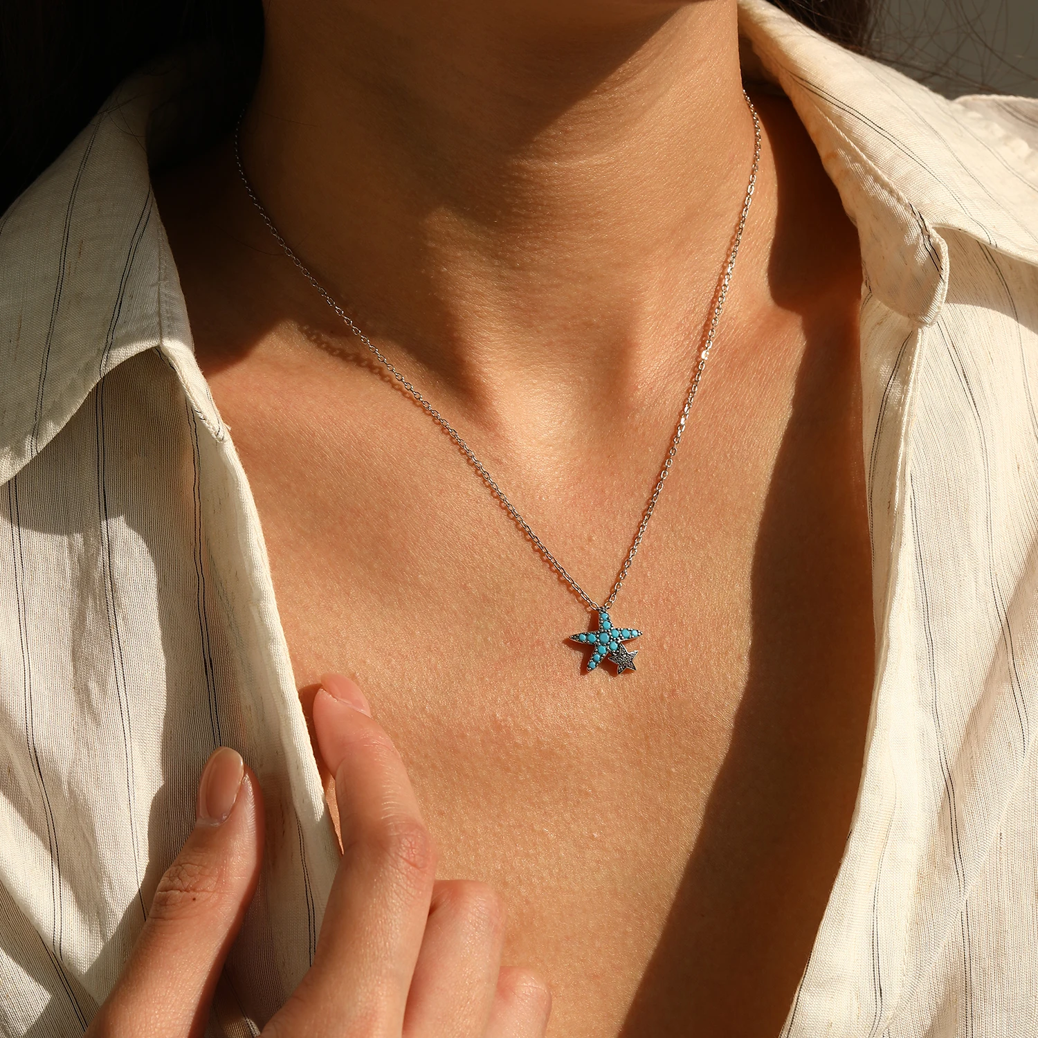 MODIAN 925 Sterling Silver Vintage Turquoise Necklace Exquisite Shining Stars Pendant Necklace For Women Fine Jewelry