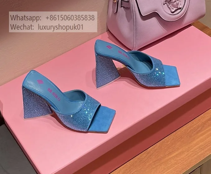 

Blue crystal Strass Block Heel high heel Rhinestones Devon Heeled Slippers Square-Toe Mules Slip-On Luz Chunky Heel Clogs Mule