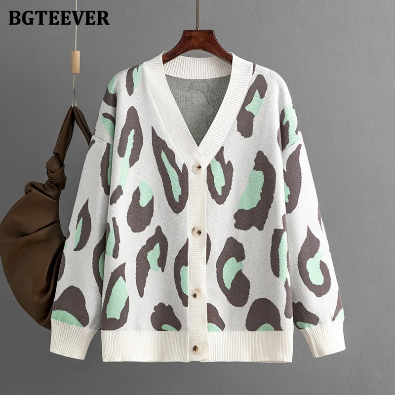 BGTEEVER Stylish Loose Leopard Women Open Stitch Sweaters Elegant V-neck Long Sleeve Female Knitted Cardigans