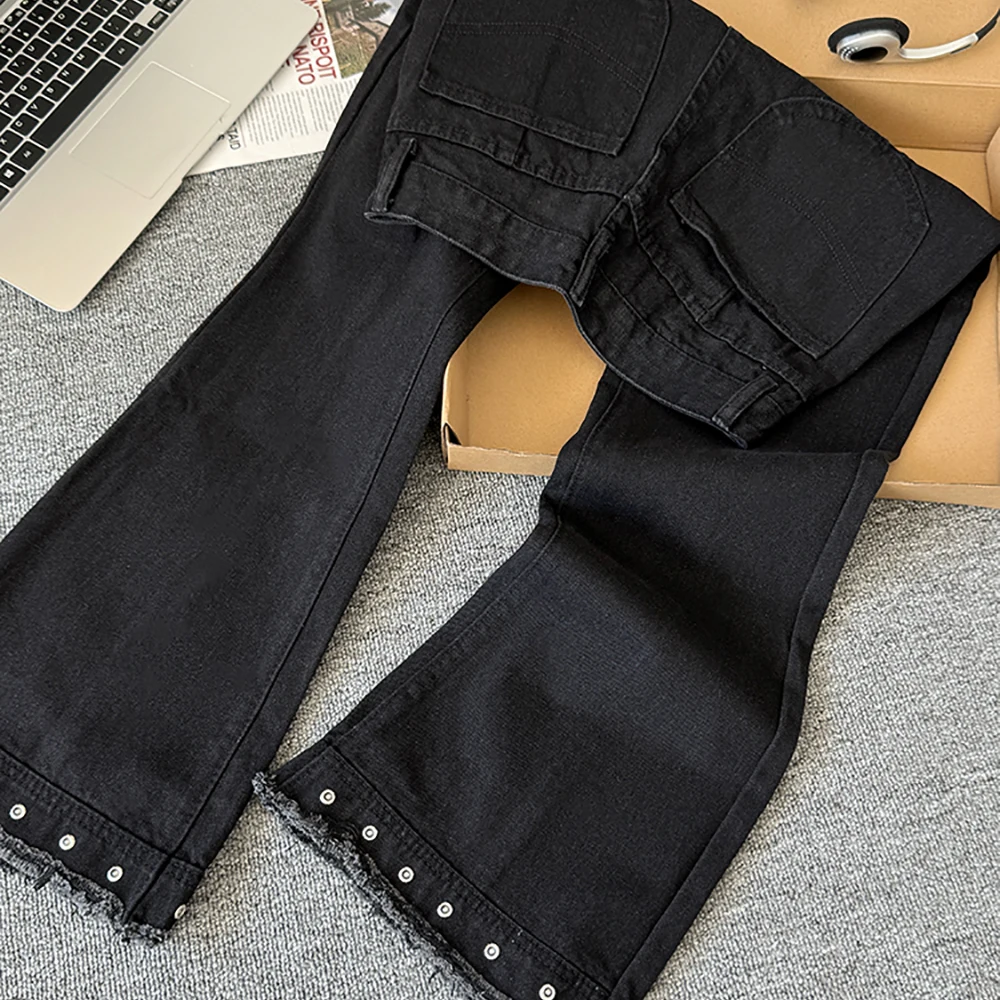 Retro Raw Edge Rivet Bootcut Jeans Women American Black High Waist High Grade Denim Pants Daily Commute Trousers Streetwear