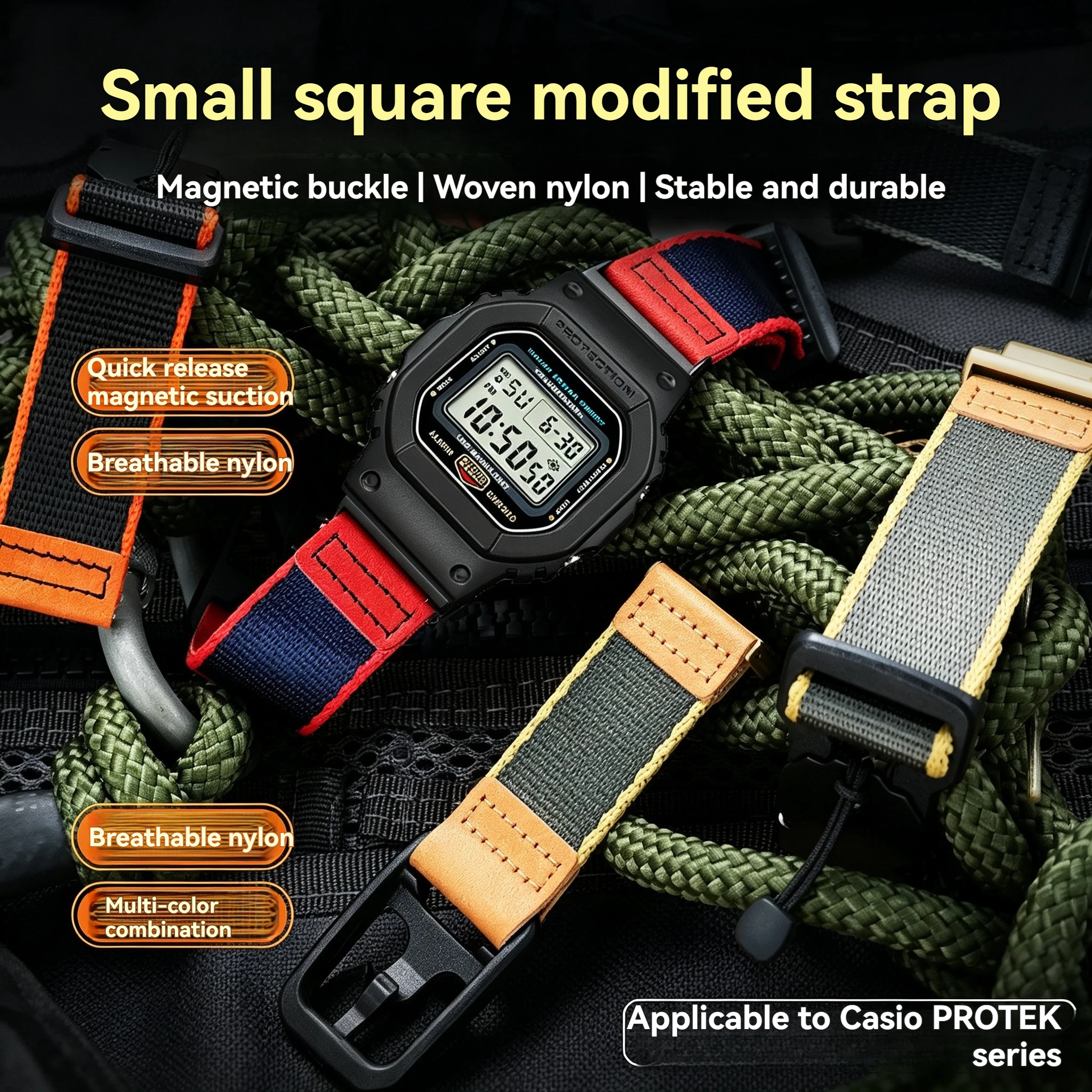 Совместим с Casio small square DW5600/DW5610 GW5000 GW-B5600 GA110 GA100 GA140. Модифицированный ремешок из плетеного нейлонового полотна.