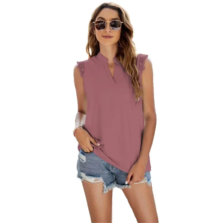 Pop Women Summer Top Solid Color Shirt Loose V-neck Sleeveless Lace Top Women's Summer Blouse Soft Comfy Tees Women's Clothing 2
