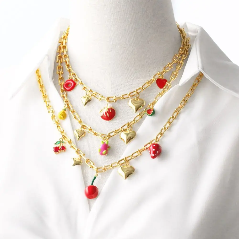 Sweet Retro European Style Strawberry Necklace Fruit Series Gilded Cherry Bracelet Loveheart INS Pitaya Chain Choker Spring