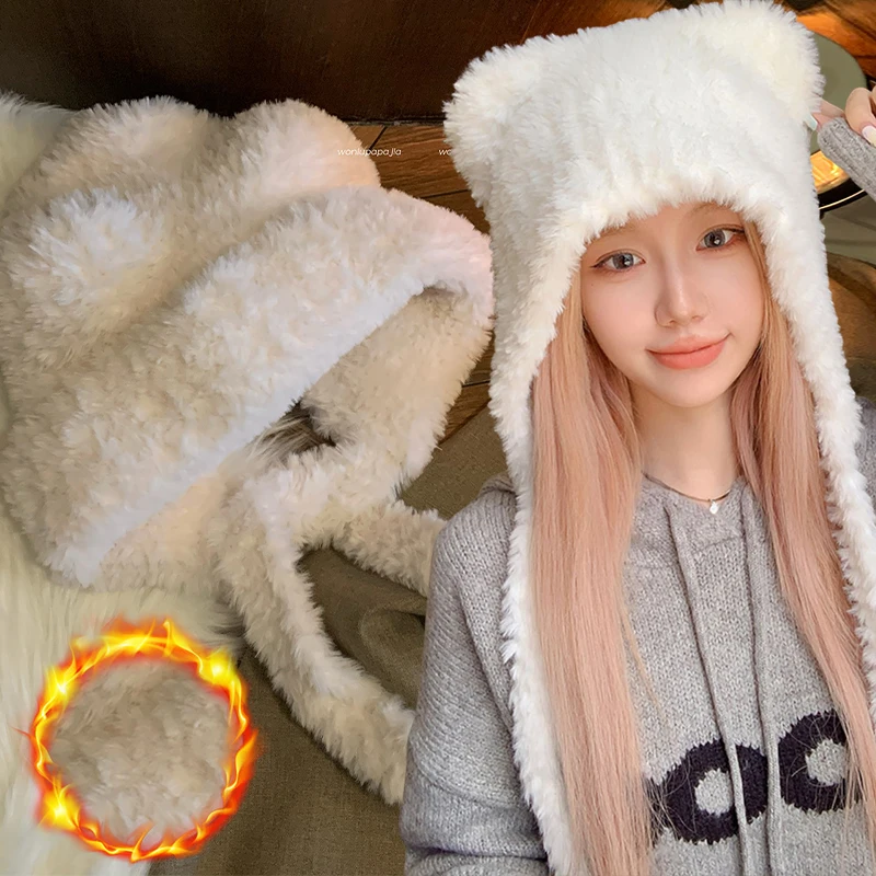 2024 Zimowa damska czapka ochronna na uszy Kawaii Bear Girl Earmuffs Cap Gruba pluszowa ciepła czapka bomber Solid Lamb Fleece Beanies Bonnet