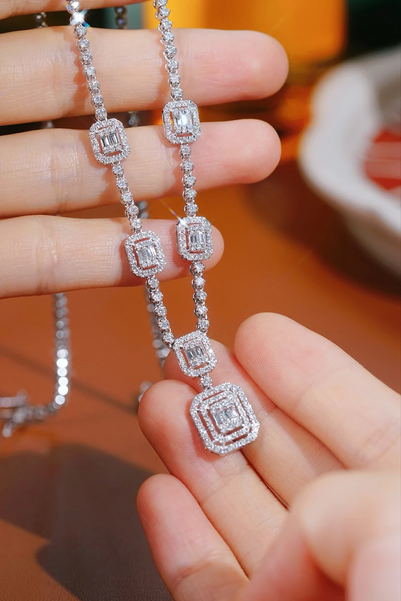 LUOWEND 100% 18K White Gold Necklace Luxury Fashion Design 3.80carat Real Natural Diamond Necklace for Women Fine Jewelry