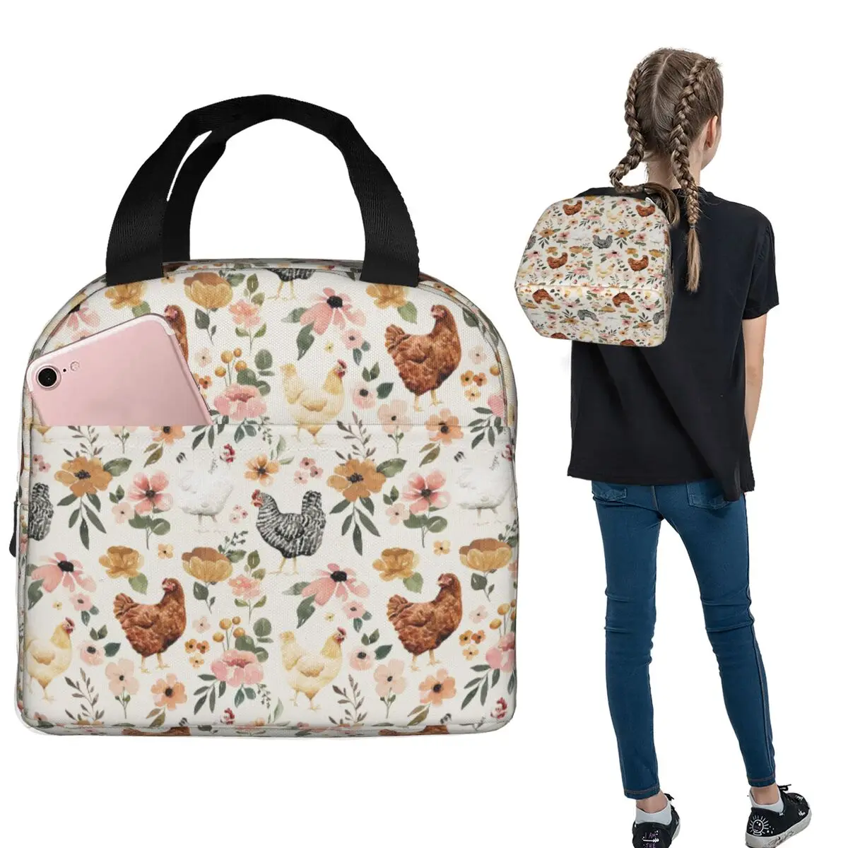 White Chickens And Floral Pattern Insulated Lunch Bag for Women Kids Portable Food Boxes Thermal Lunch Box Tote