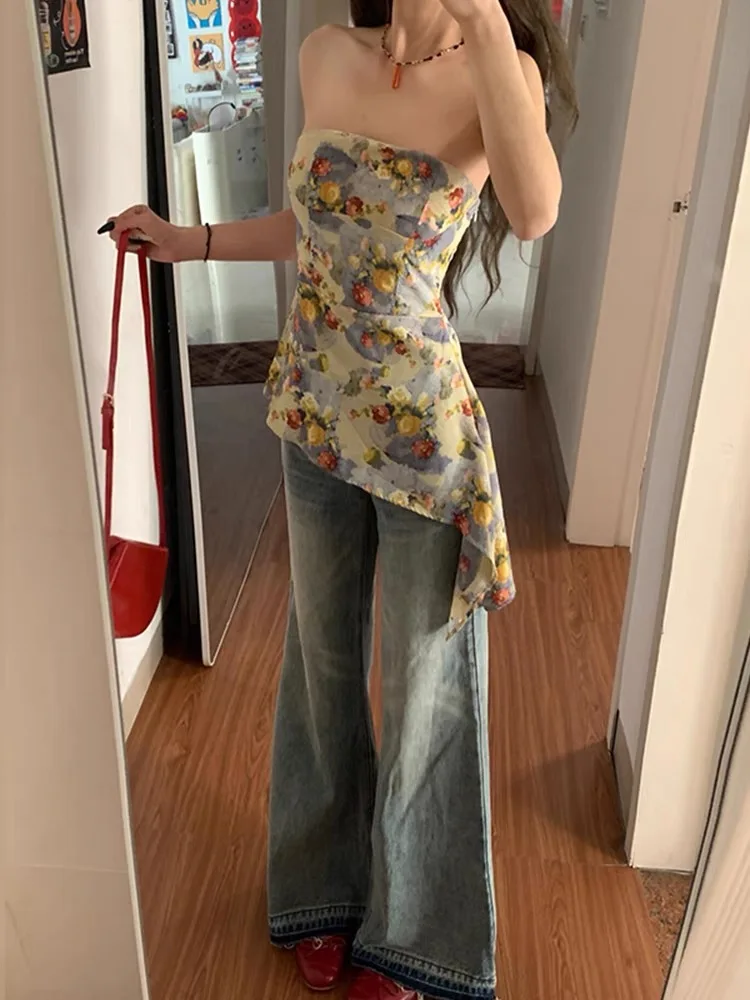 

Large Size Women's One-oulder Tube Top Vintage Oil Painting Aosphere Irregular Sexy Girl Vest Summer Commute Sle Slim Fit