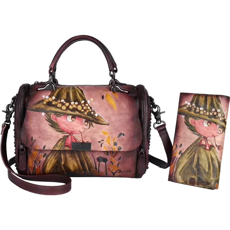 Vintage Women Bags Gift Origional Hand-Painted Cowhide Leather Shoulder Handbag + Wallet Female