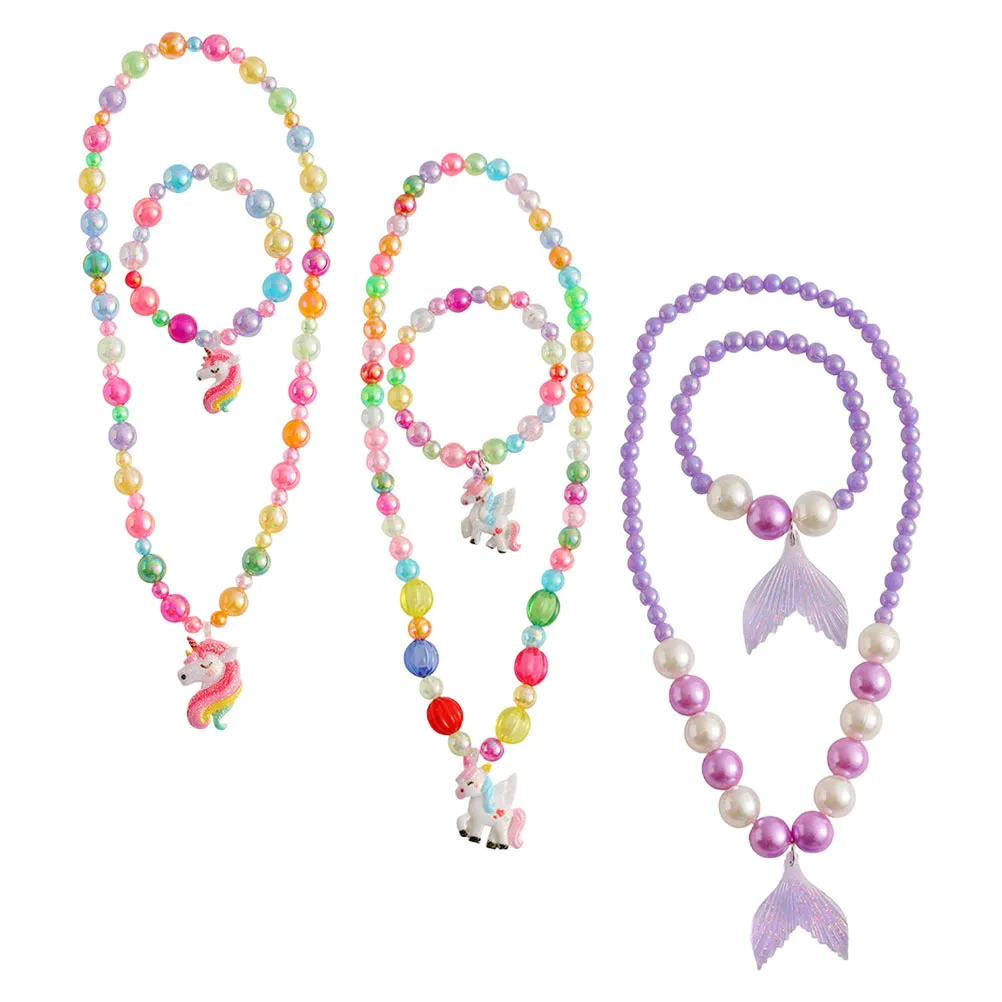 3 zestawy dziecięcych bransoletek z koralików, biżuteria jednorożca dla małych dziewczynek, modny naszyjnik dla dzieci, bransoletki z koralików do przebierania się, z motywem kreskówkowym