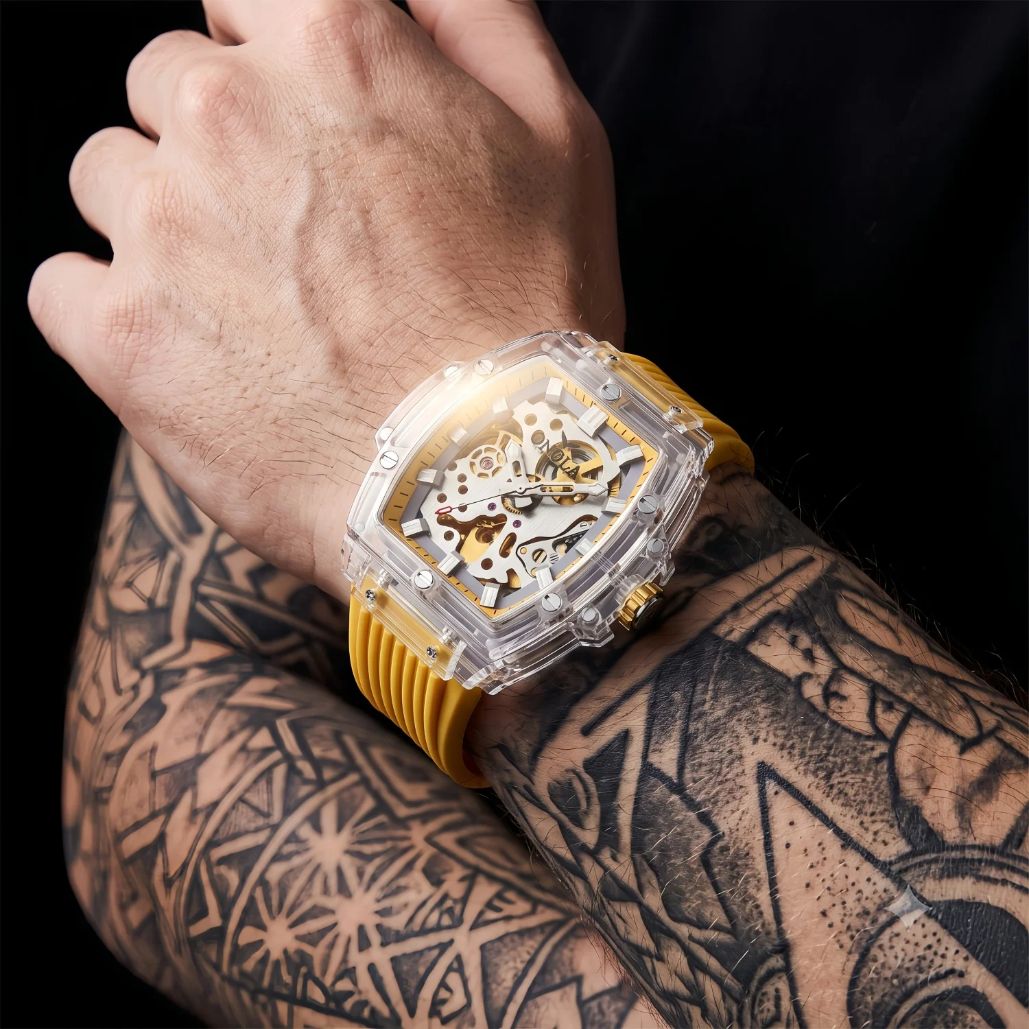 ONOLA new fashionable hollow mechanical watch for men, waterproof transparent shell, adhesive tape watch for men