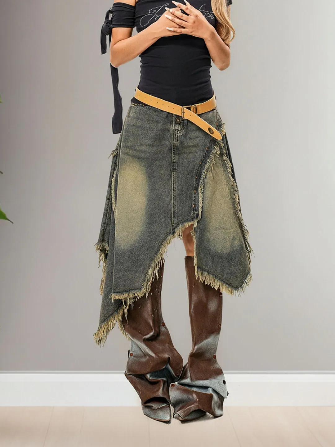 Summer 2026 High Waist A-Line Midi Skirt Irregular Hem Design Korean Style Commute Anti-Stain Denim Skirt for Women