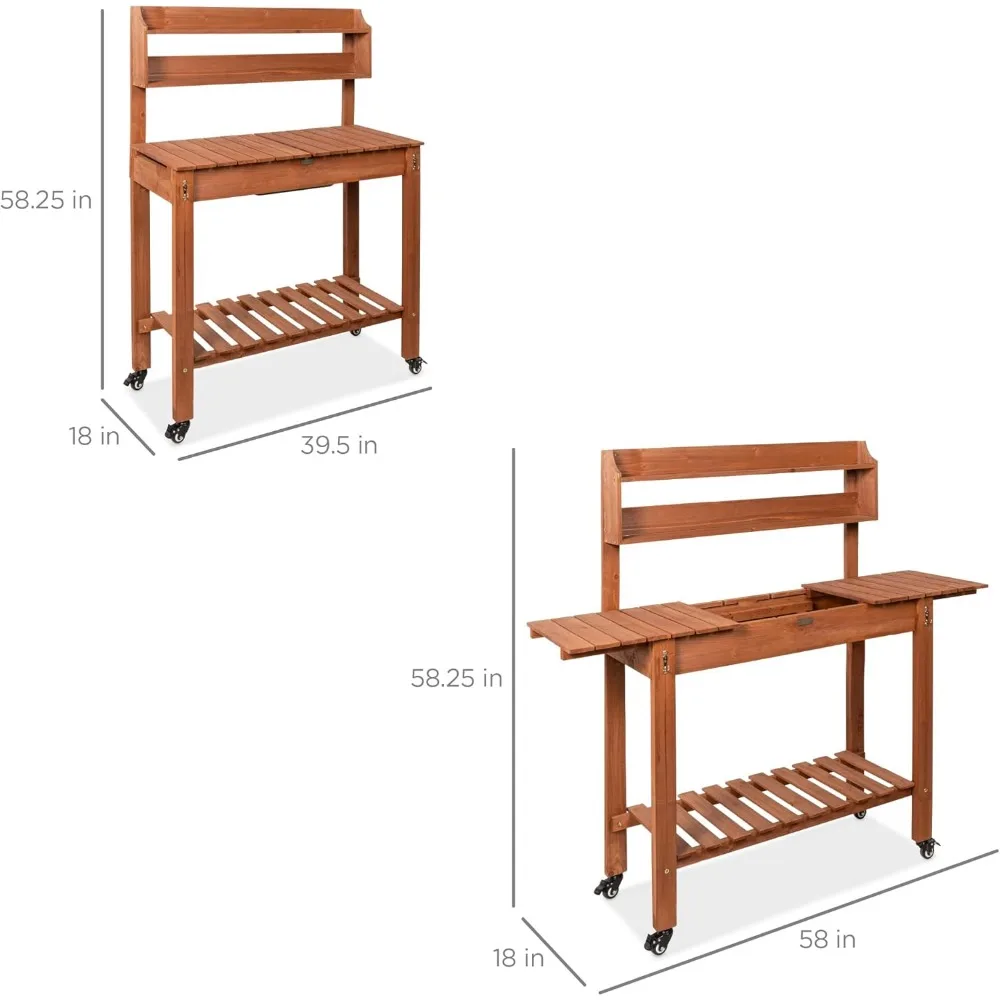 Banc de rempotage de jardin mobile, table de poste de travail en bois extérieur avec brittop coulissant, 4 roues de verrouillage, évier sec de qualité alimentaire