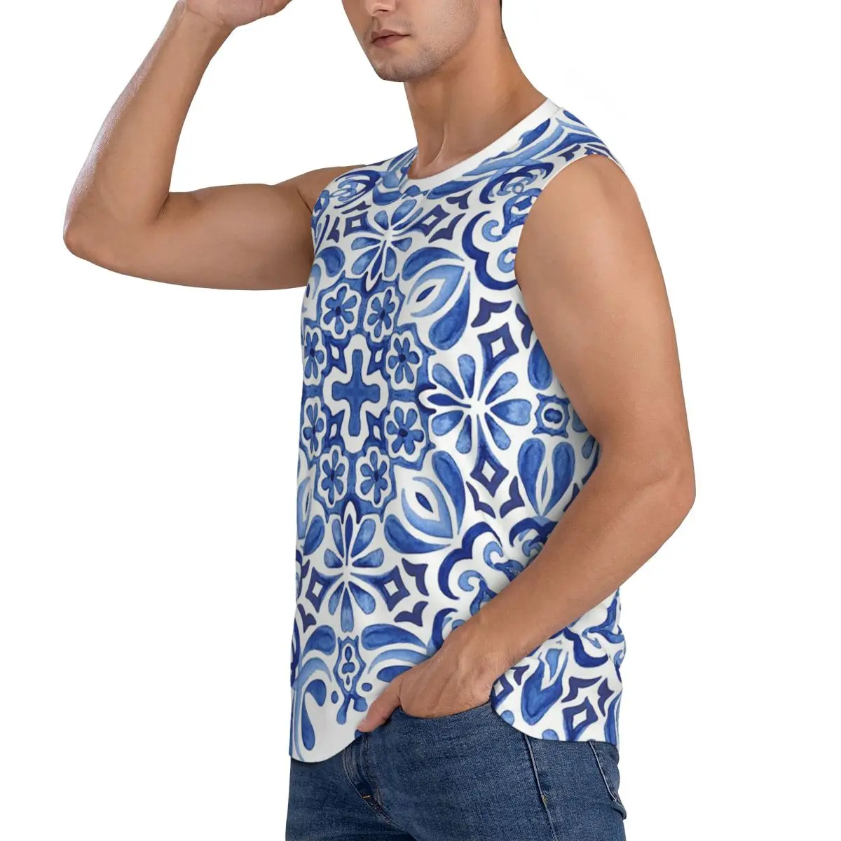 Mediterranean Mosaic Tiles Azulejos Men Sleeveless Tank Tops Quick Dry Breathable Gym Fitness Running Summer Casual Sport Vest