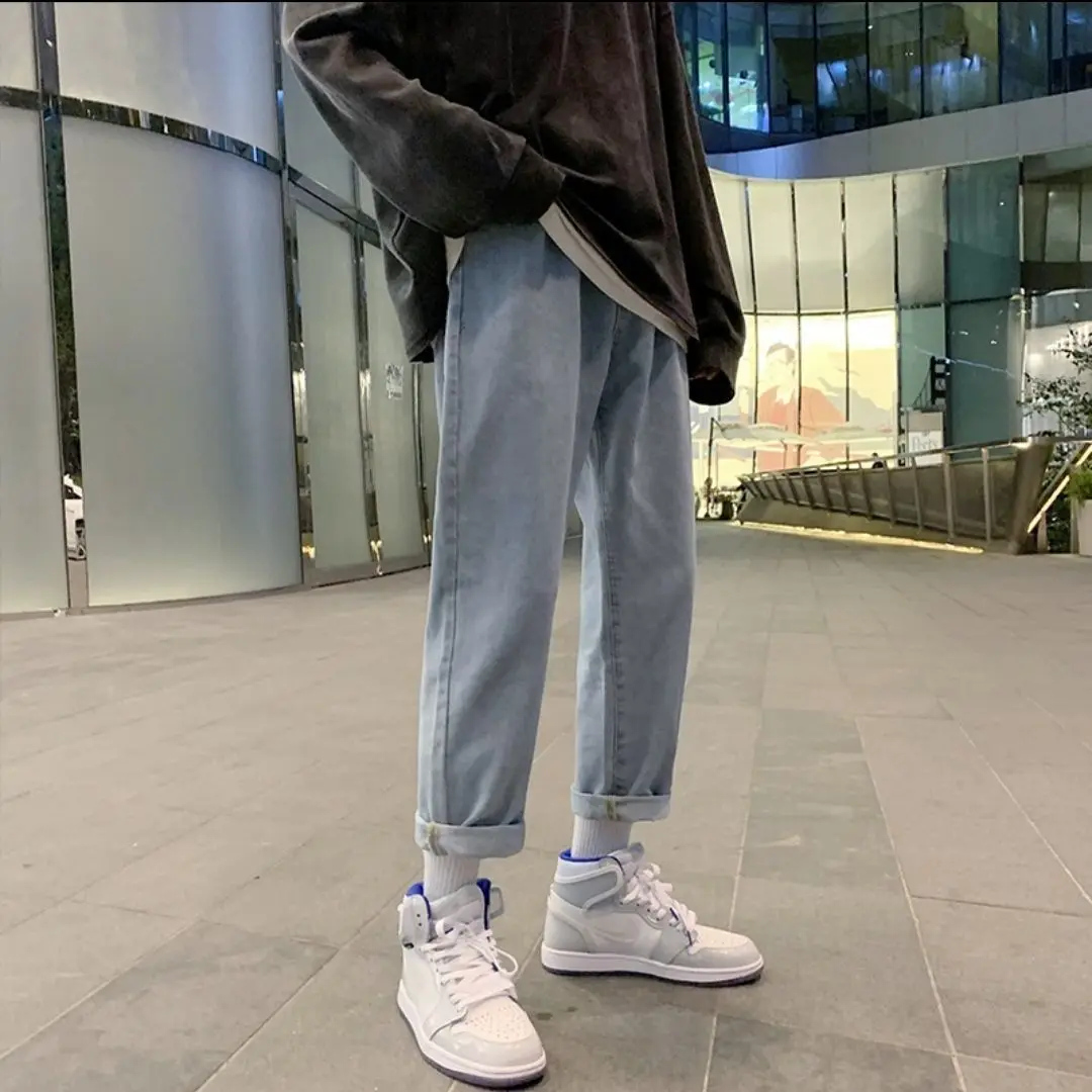 Men's Straight Wide Leg Jeans Summer Casual Loose Denim Pants Student Cropped Trousers Spring Autumn Streetwear