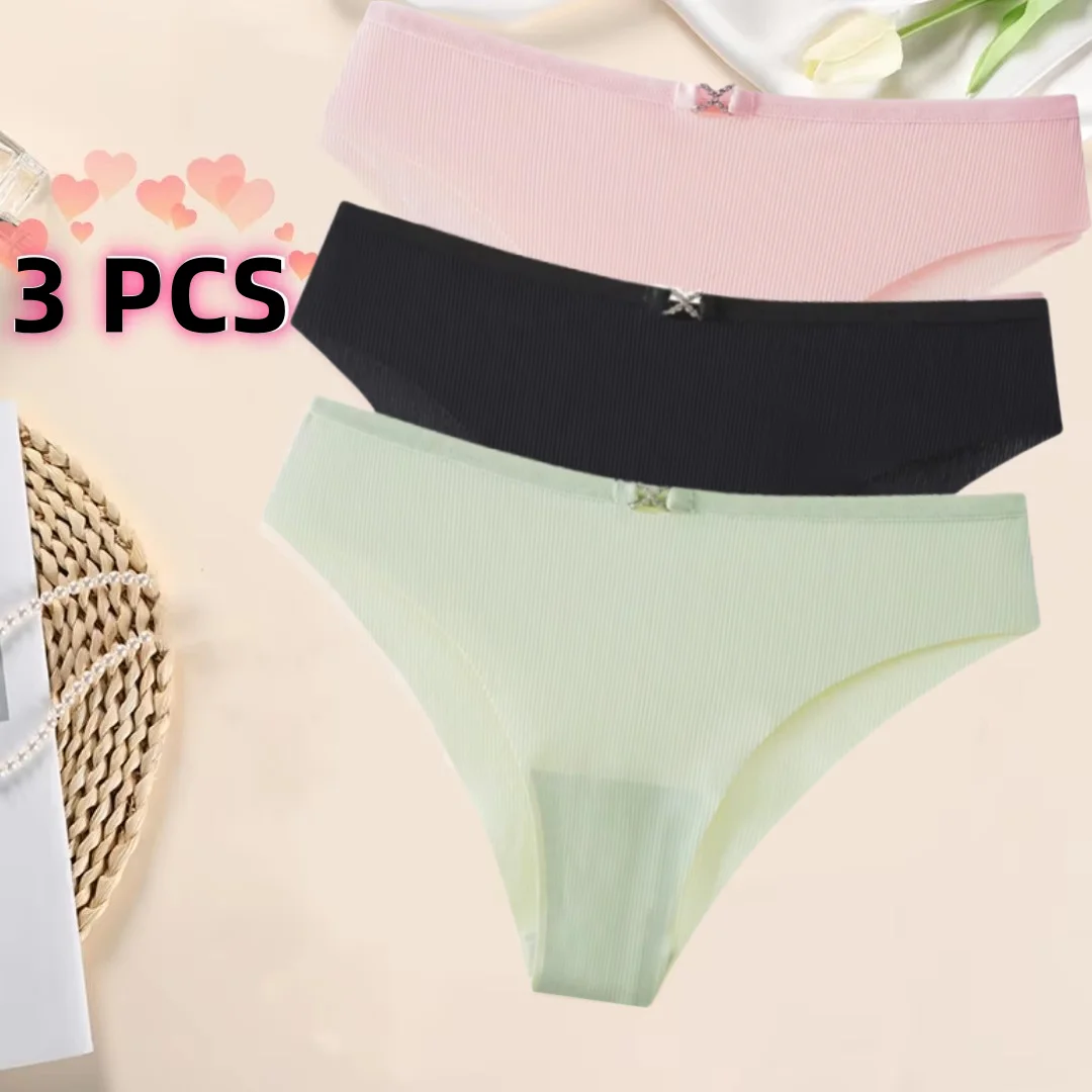 

3 PCS Underwear Non-marking Briefs Women's Comfortable Breathable Decorative X Panties Women's Cotton Crotch Striped Ice Silk