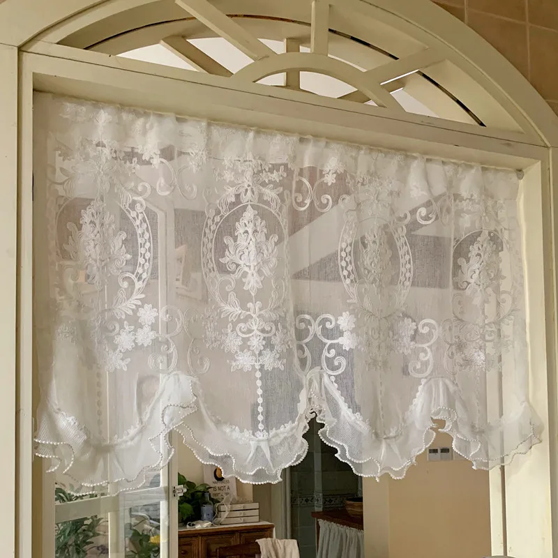 

French Double Pearls Lace Bottom Short Sheer Curtain American High-Grade Embroidered Half Yarn Drapes For Window Kitchen Door