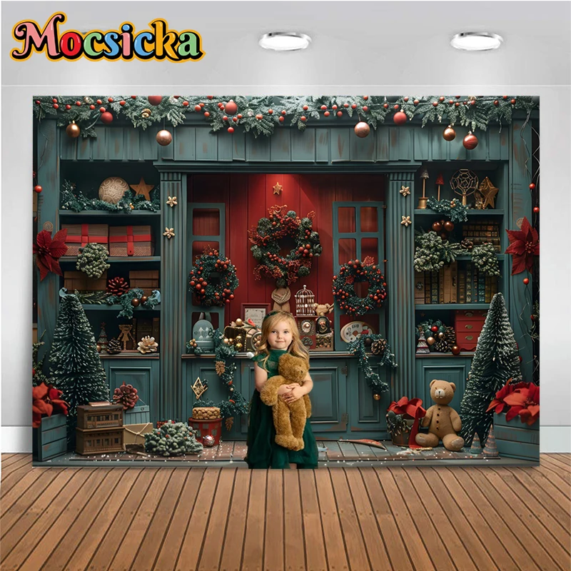 

Mocsicka Christmas Photography Backdrop Green House Xmas Tree Gifts Decorations Family Children Photo Backgrounds Shooting Props