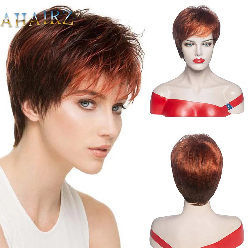 

Short Curly Pixie Cut Reddish Brown Wig with Bangs for Women Synthetic Daily Party Cosplay Fake Hair Heat Resistant