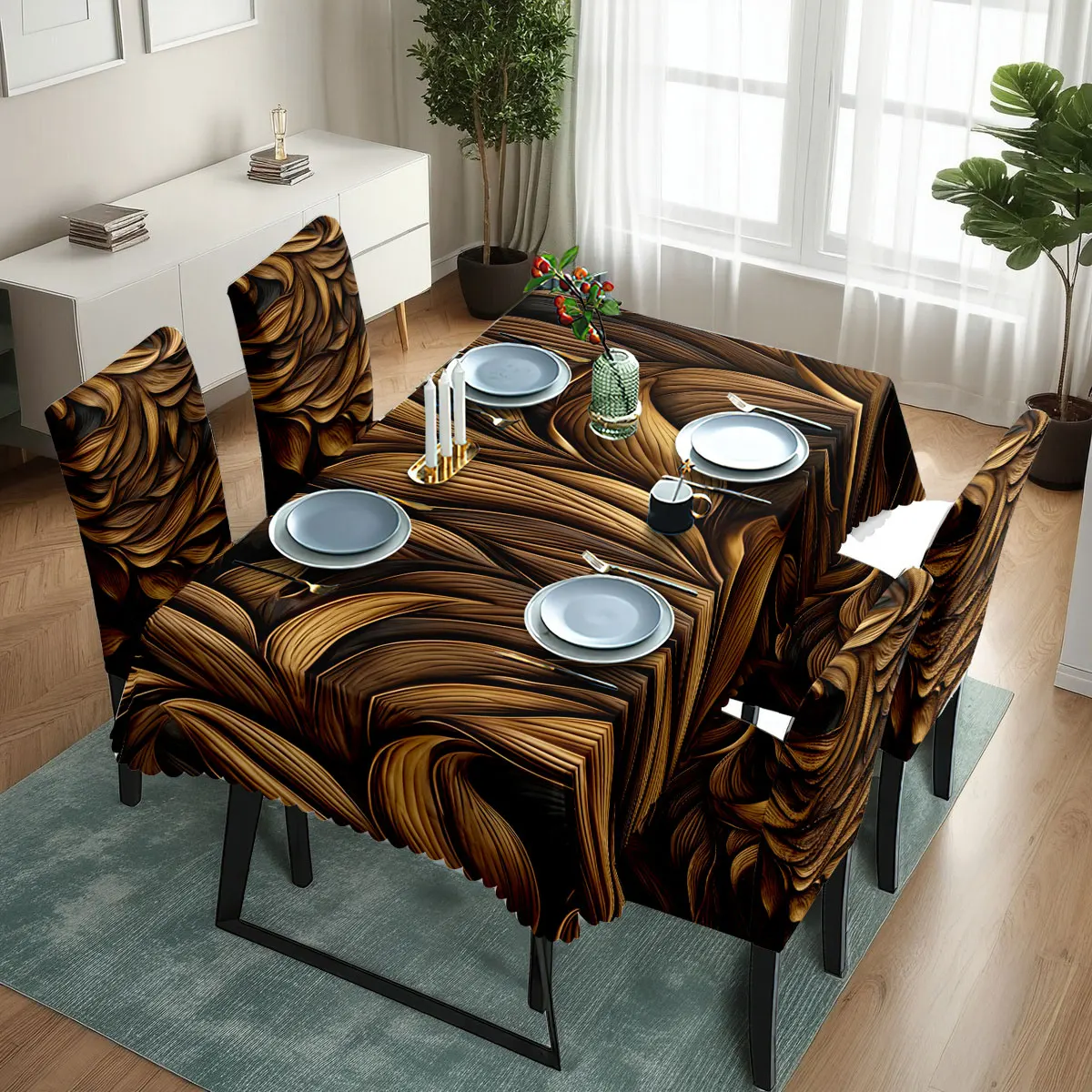 5/7pcs Luxury Gold Wood Grain Tablecloth Elastic Chair Covers Set Modern Home Decor