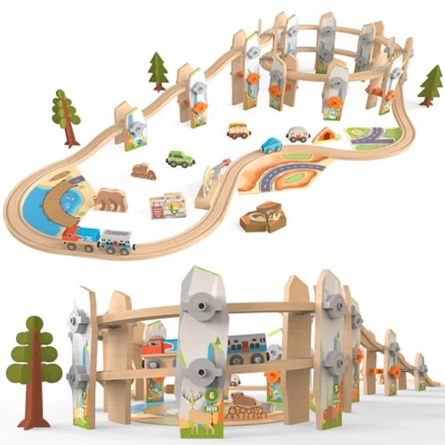 

Wooden Train Set 141 Pc for home play, natural wood, brown, elevated multi-level spiral track with national park animals, STEAM