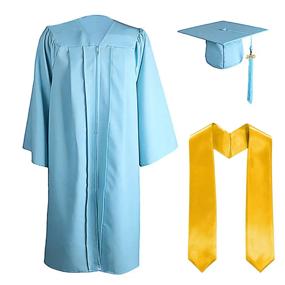 3 unids/set 2025 traje de graduación gorra de graduación mate estolas de hombro y vestido conjunto Unisex vestido suelto para la escuela secundaria