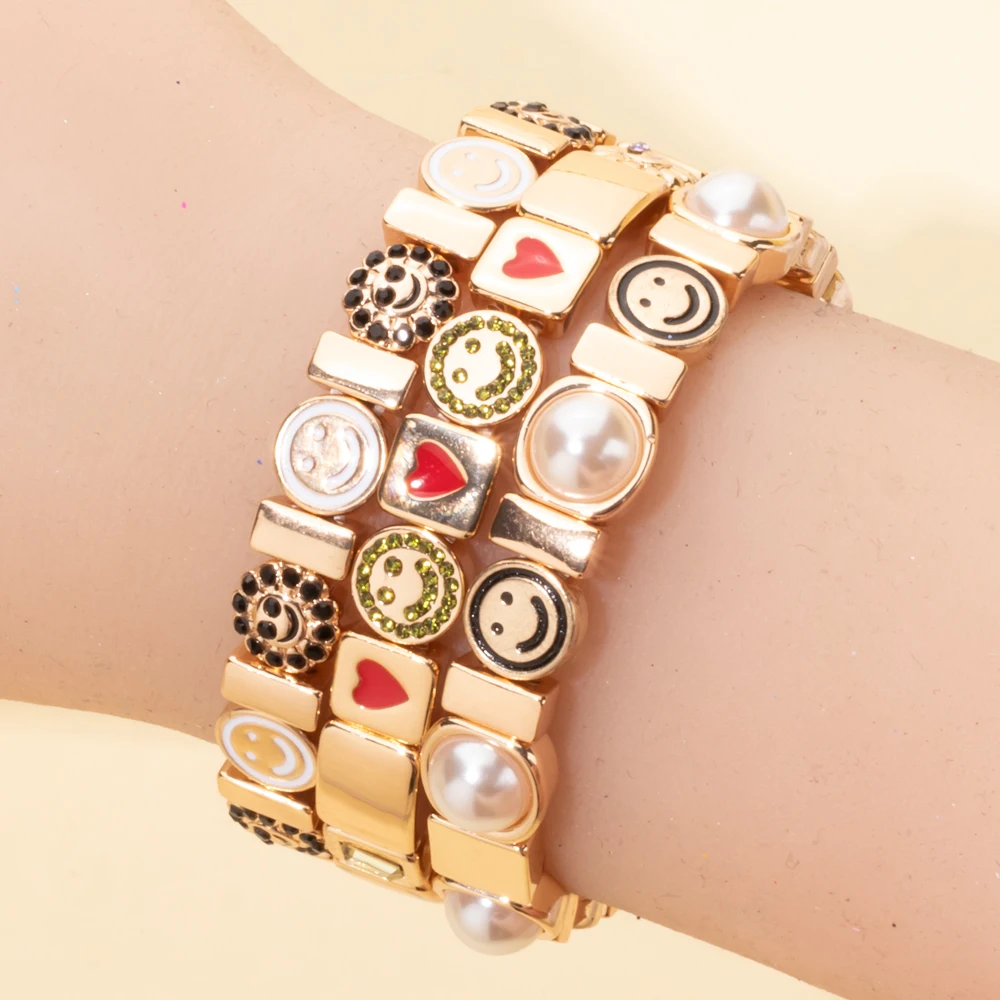 2024 New Arrival Gold Color Alloy Happy Face Women Bracelet Colorful Diamond Pearl Drip Oil Muti- Shaped Elastic Jewelry