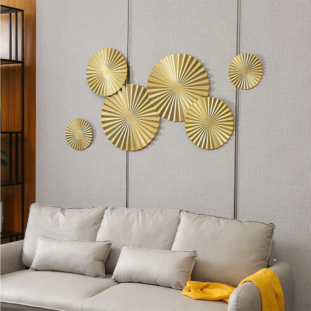 Gold Wall Art Set Of 6, Gold Wall Decor, Metal Modern Accent Large Sunburst Hanging Decorations Bed For Home Office Bedroom