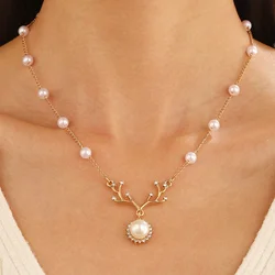 New Pearl Inlaid Elk Necklace for Women's Instagram Style Deer Pendant with Collarbone Chain Gift