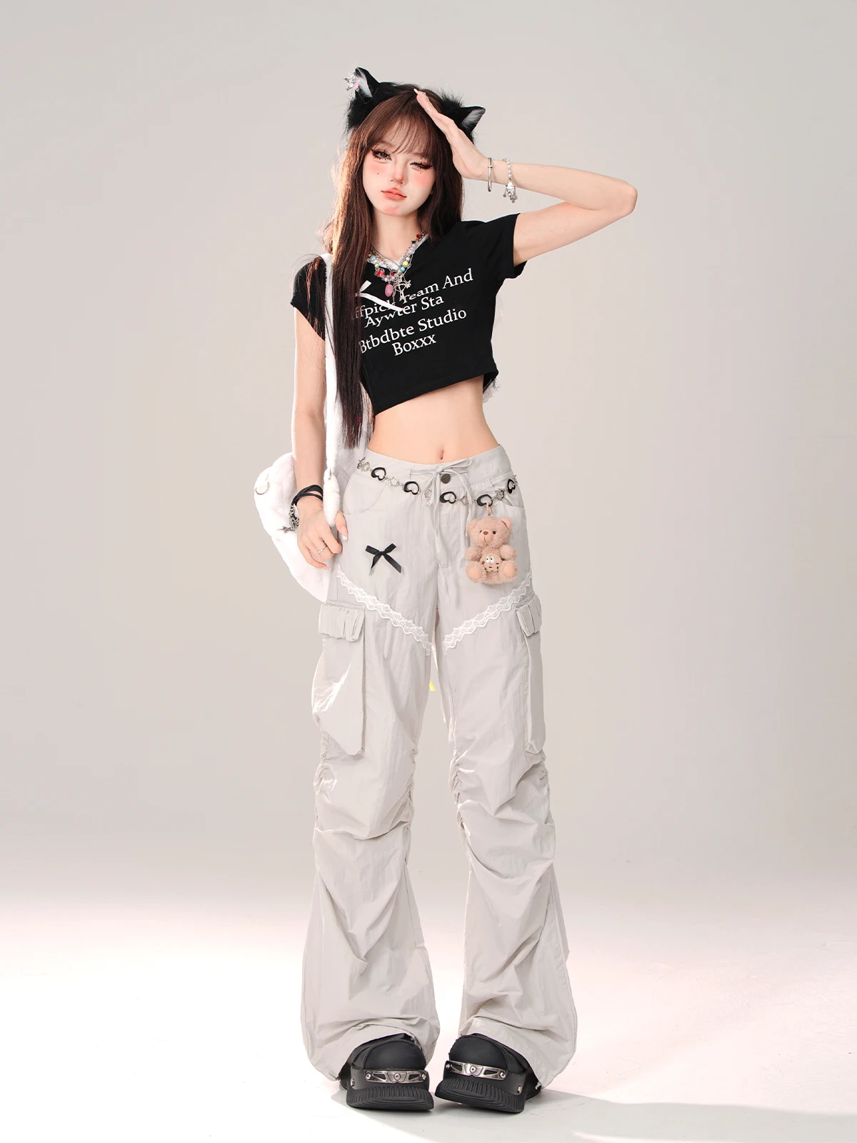 Korean Fashion Sweet Streetwear Quick-Drying Wide-Leg Pants Summer Bow Chain Lace Patchwork Cargo Pants Casual Pants Women