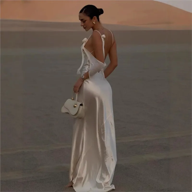 Sexy Ladies Lace Satin Dress Fashionable Elegant Backless Long Skirt 2025 New Party Evening Dress Dress Beach Vacation Style