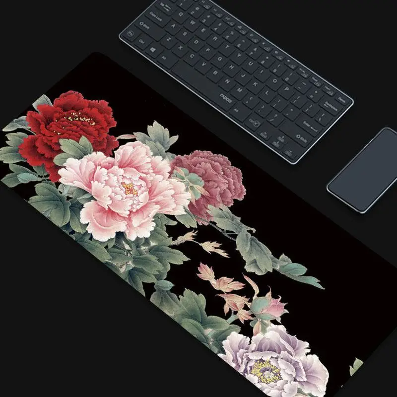 VIKAMA Traditional Chinese Peony Mousepad Black Background Ink Floral Waterproof Non Slip Oversized Computer Desk Mat