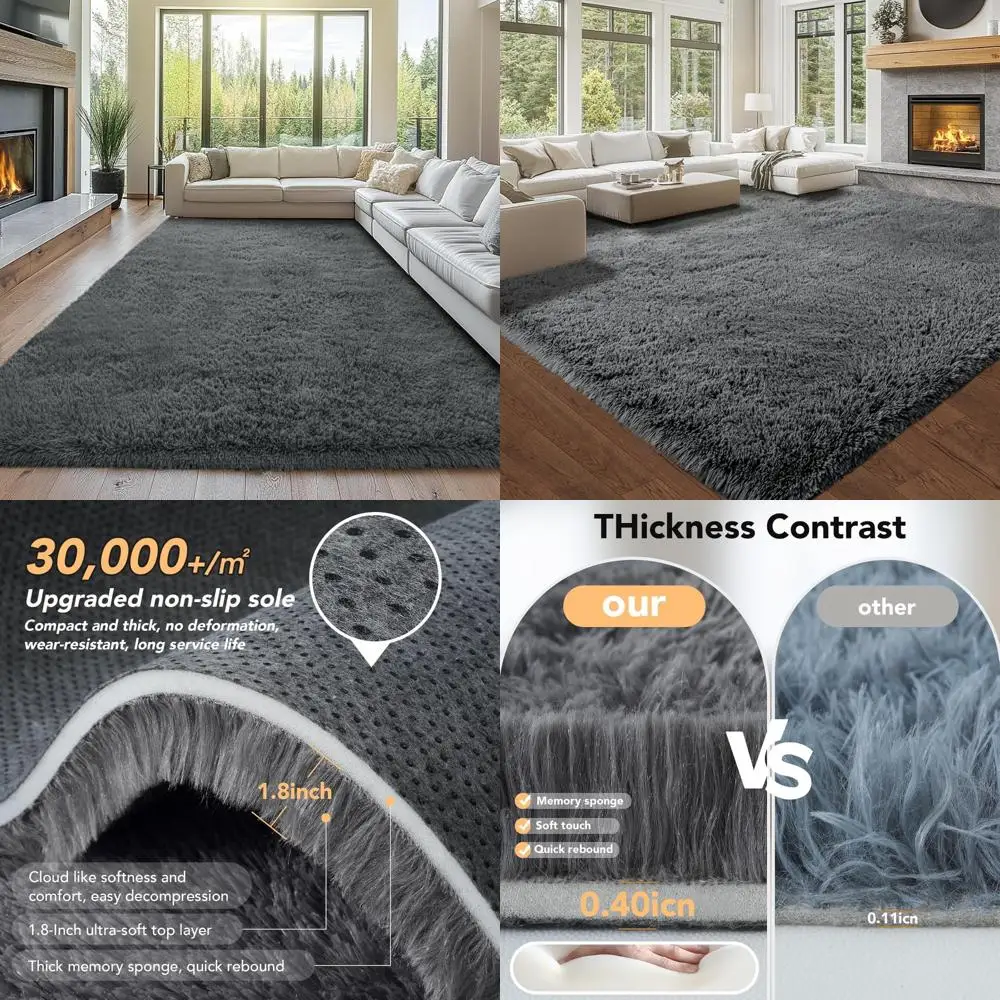 

Large Plush Grey Shag Rug for Living Room and Bedroom - Soft, Modern Carpet