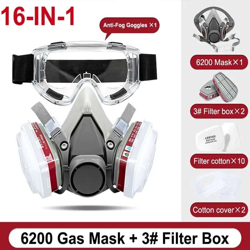 Chemical Half Face 6200 Dustproof Respirator Industrial Painting Spraying Gas Mask with Protective Fog-proof Glasses Safety Work