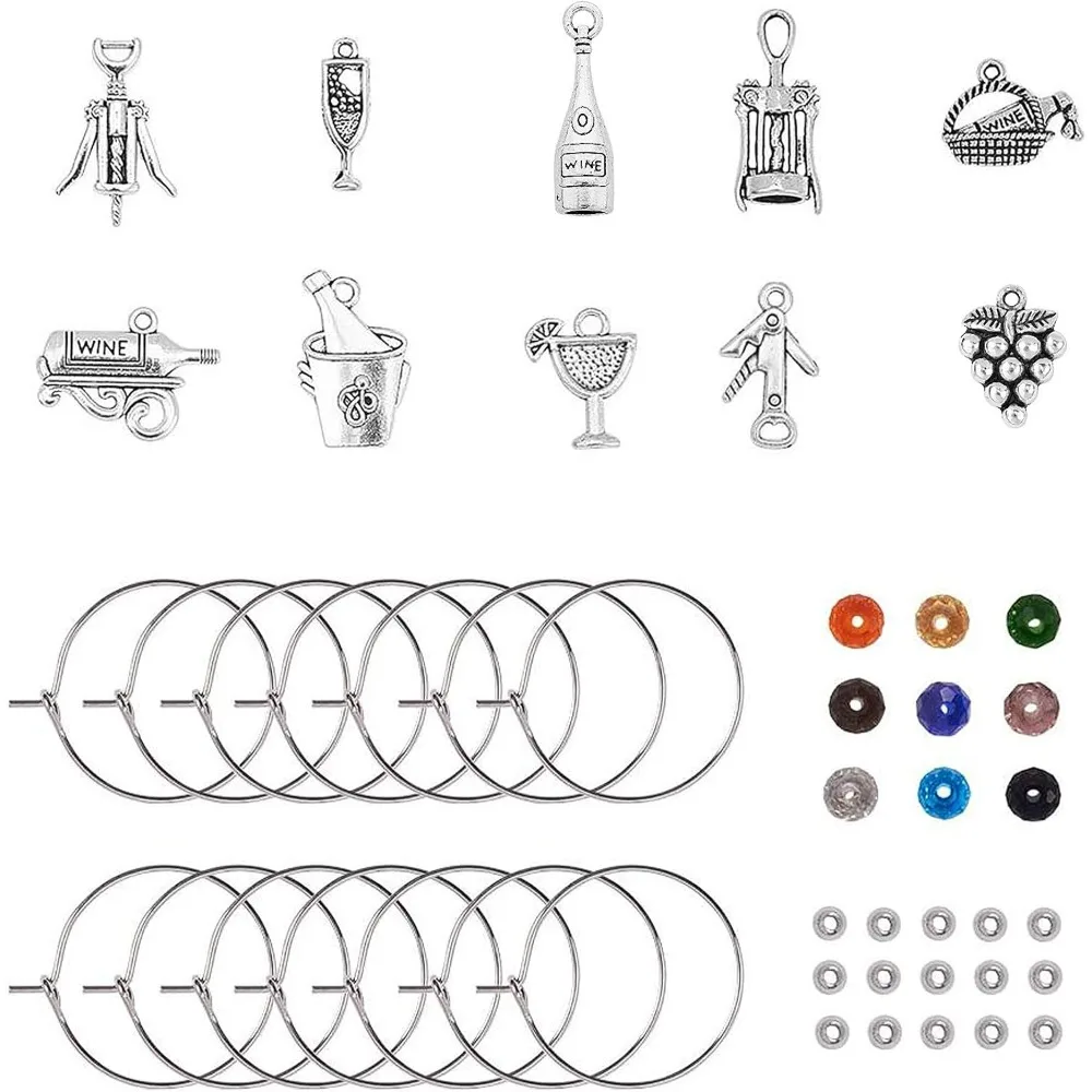 120 pcs Wine Glass Charms Marker Kit Including Tibetan Style Alloy Pendants Hoop Rings 40 pcs Glass Beads