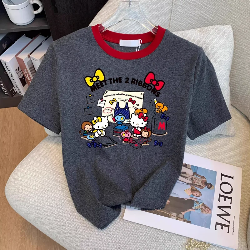 

Cartoon Hello Kitty T-shirt New Crew Neck Cotton Short Sleeve Versatile T-Shirt Casual Fashion Sanrio Top Women's Clothing