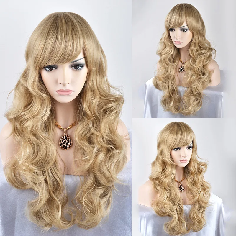 Vogue Long Brown Synthetic Natural Wave Machine Wig Heat Resistant Fiber Cosplay For Women