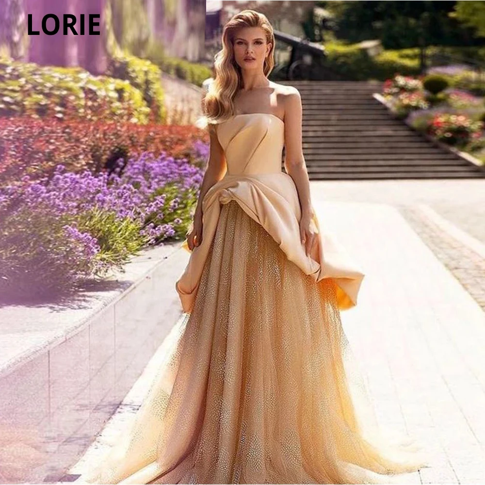 

LORIE Dubai Boat Neck Evening Celebrity Dresses Tiered Satin Glitter Tulle Prom Party Gowns Saudi Arabia Dress Vestido De Noche