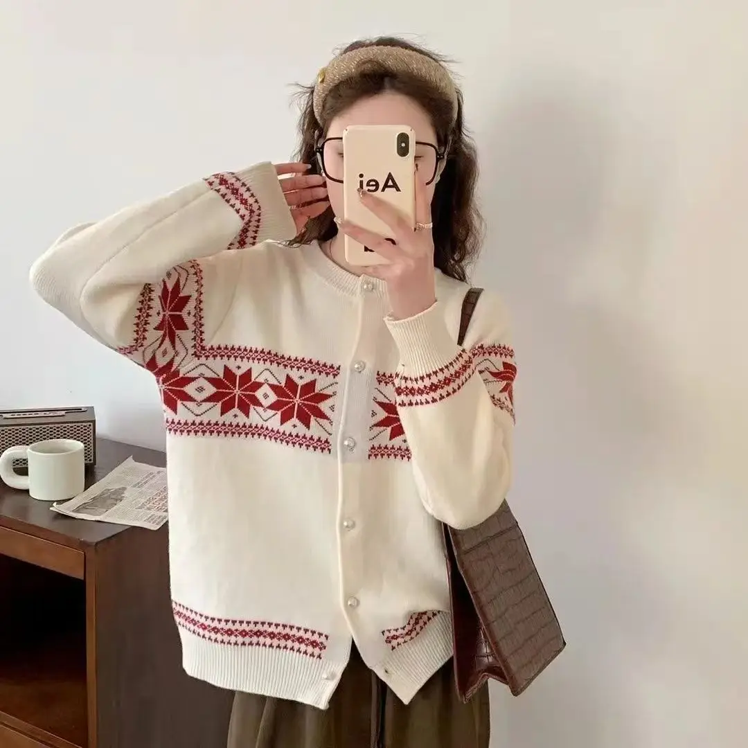 

Осень-зима, новый корейский милый рождественский жаккардовый вязаный свитер для женщин, однобортный джемпер с круглым вырезом и длинными рукавами, кардиганы