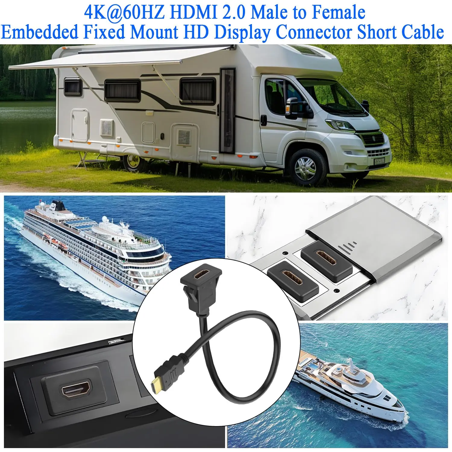 HDMI 2.0 Square Snap on Mount HD Display Short Cable Connector 4K@60Hz HDMI Male to Female Flush Fixed Mount Adapter Extender