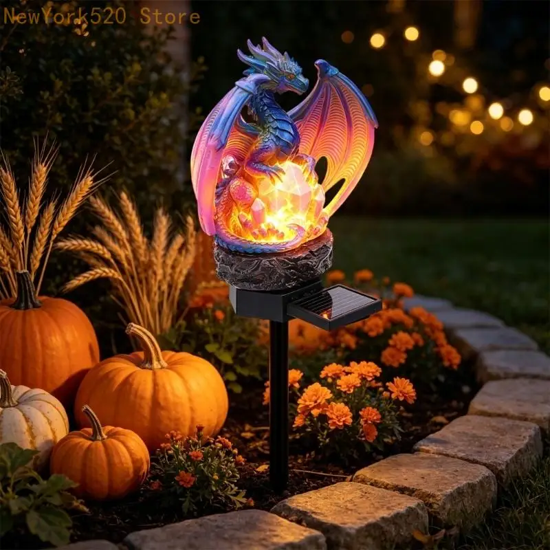 Fantasy Dragon Yard Statue Light, Solar Resin Stake Accent with Crystal Lamp Detail for Garden Entry, Porch, Lawn Use, and Front