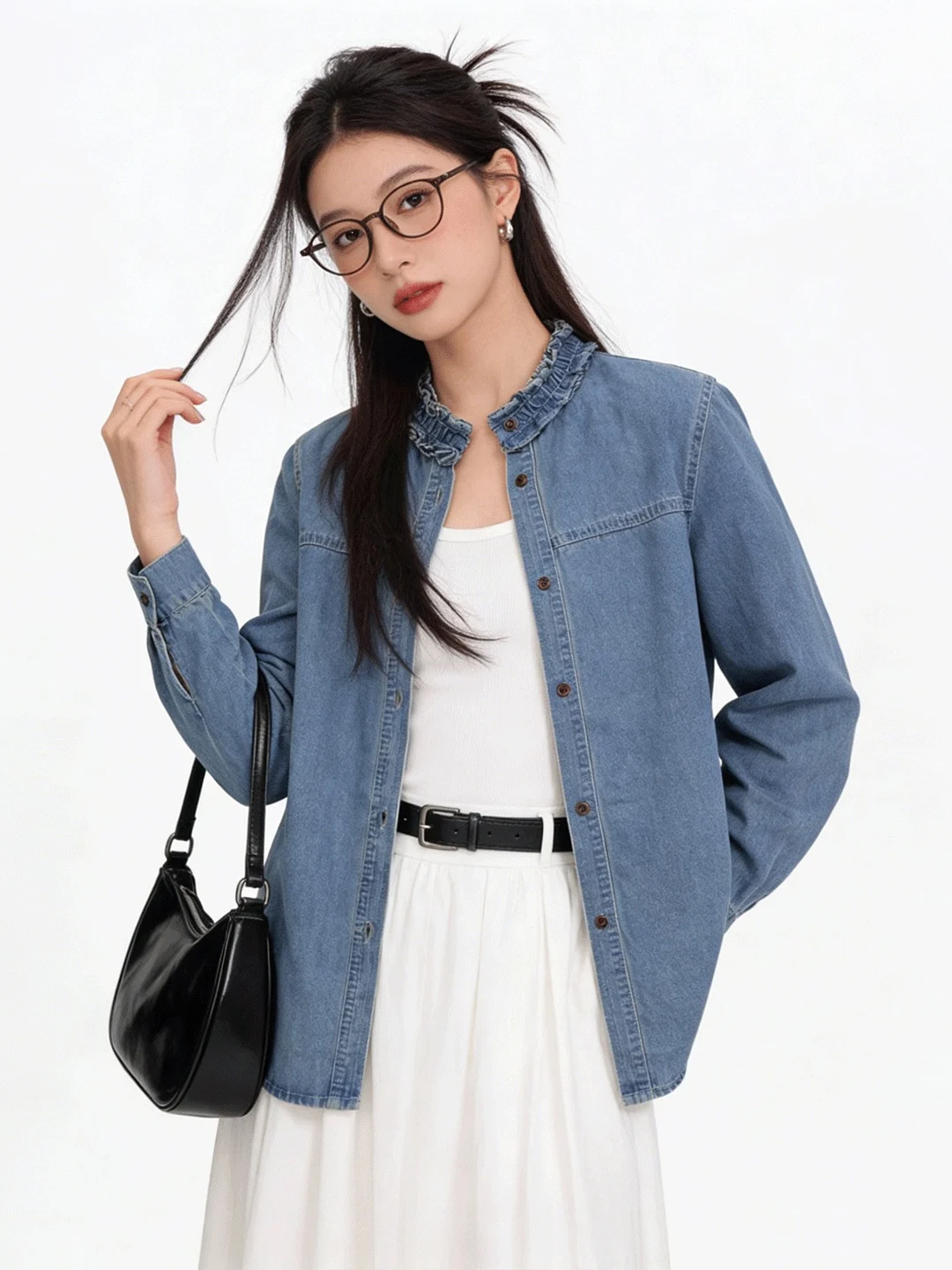 

Korean Sle Sweet Ruffle Collar Denim irt Jaet Casual Early Spring Thin Sun Protection Slimming Women's Faion Outerwear