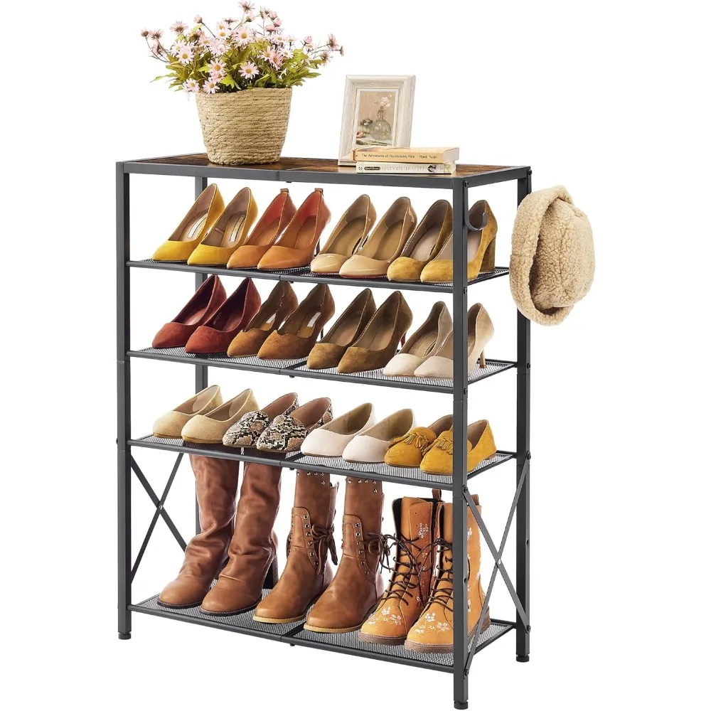 Tier Shoe Rack Organizer for 16-20 Pairs of Shoes, Front Door Shoe Rack with 2 Hooks, Metal Mesh Shoe Shelf for Entryway