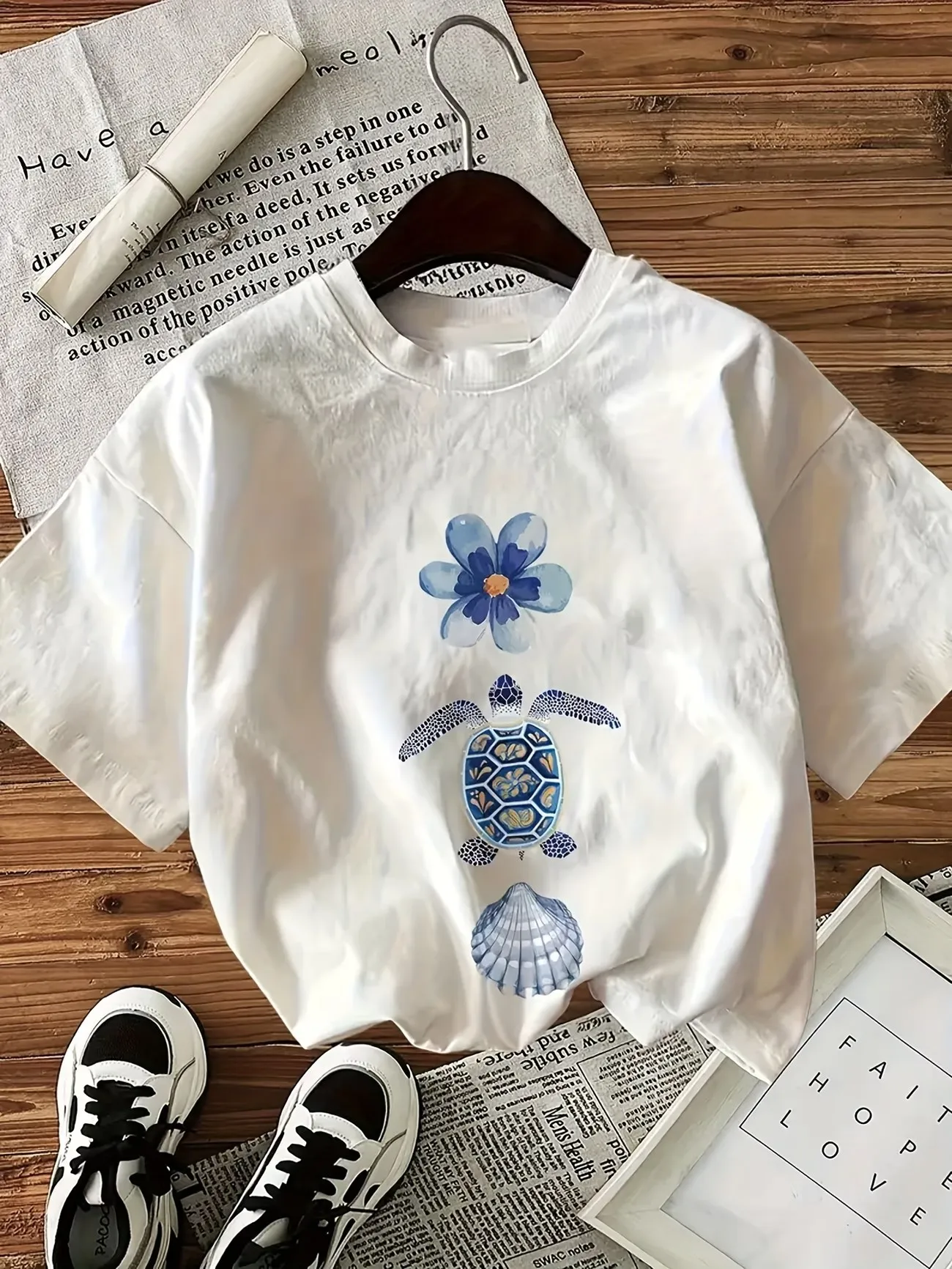 Turtleneck Knit 90S - 90s 100% Cotton Blue Flower Turtle