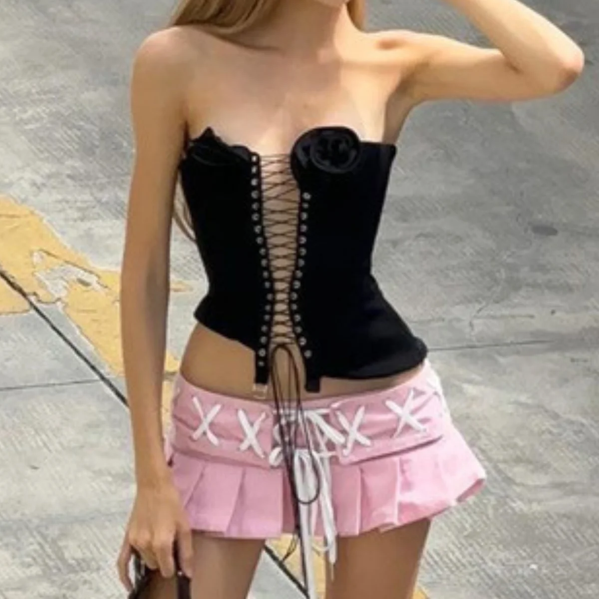 

Elegant Lace-up Sleeveless Corset Crop Tops Cami Summer Y2K Nightclub Party Top 2024 Women Slim Bodyshaper Bustier Lingerie Vest