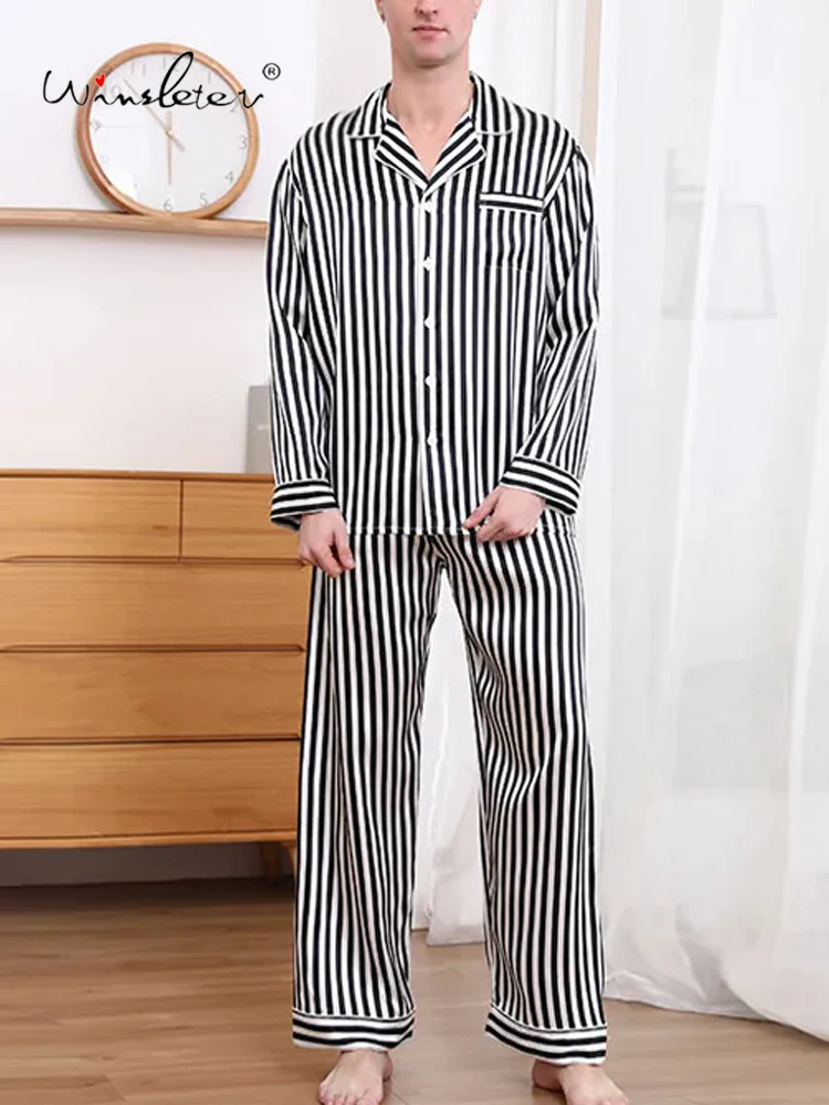 

Winsleter,Men Casual Long Sleeve Pants Loose Comfort Soft Pajamas,19MM 100%Mulberry Silk Striped Pajamas Set 2024 S41118QC