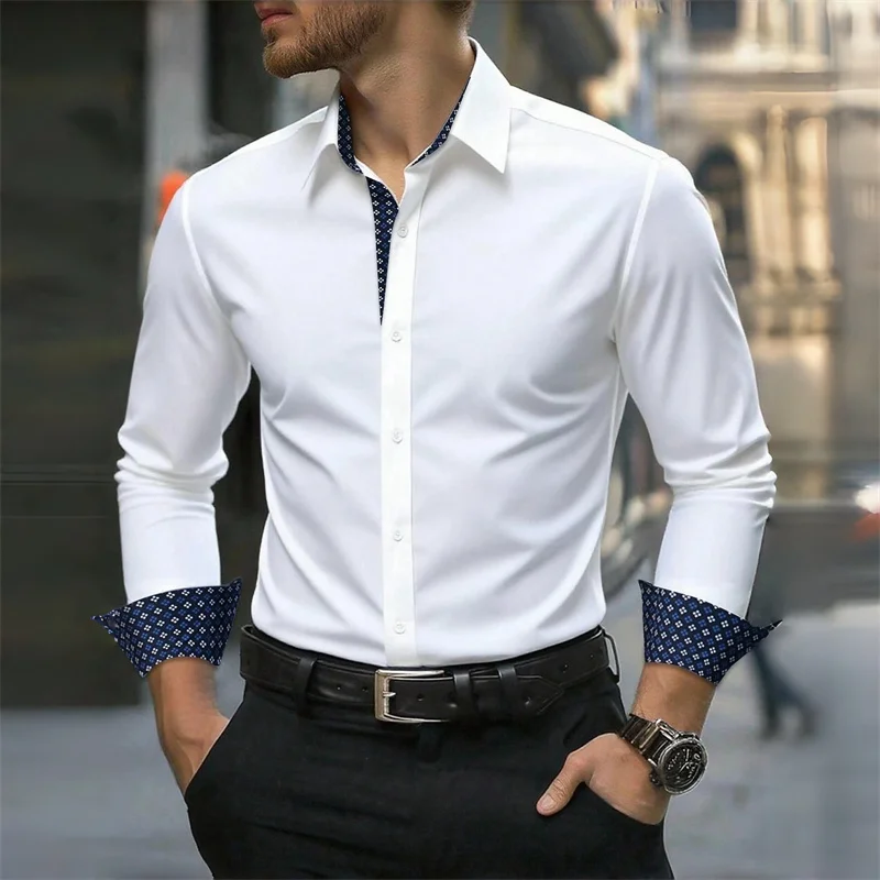 Men's Color Block Polka Dot Lined Long-Sleeve Shirt, Slim Fit, Wrinkle-Free Formal Fashion Shirt, Hot Selling Trendy Men's Top